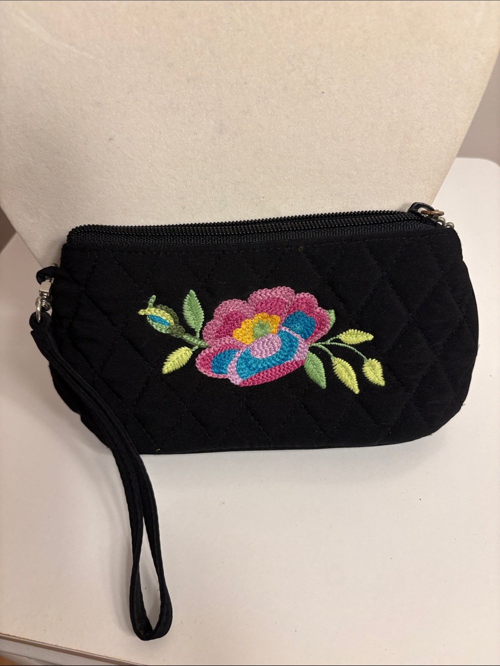 Vera Bradley Black Quilted Wristlet with Pink & Blue Floral Embroidery